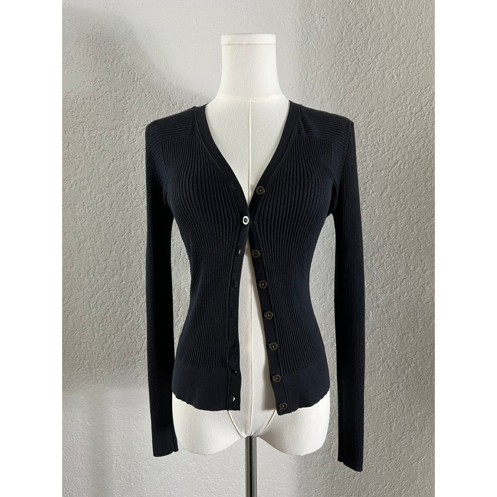 Black Ribbed Cardigan M Slim Fit V Neck Button Up 90's alt fashion Fall Grunge